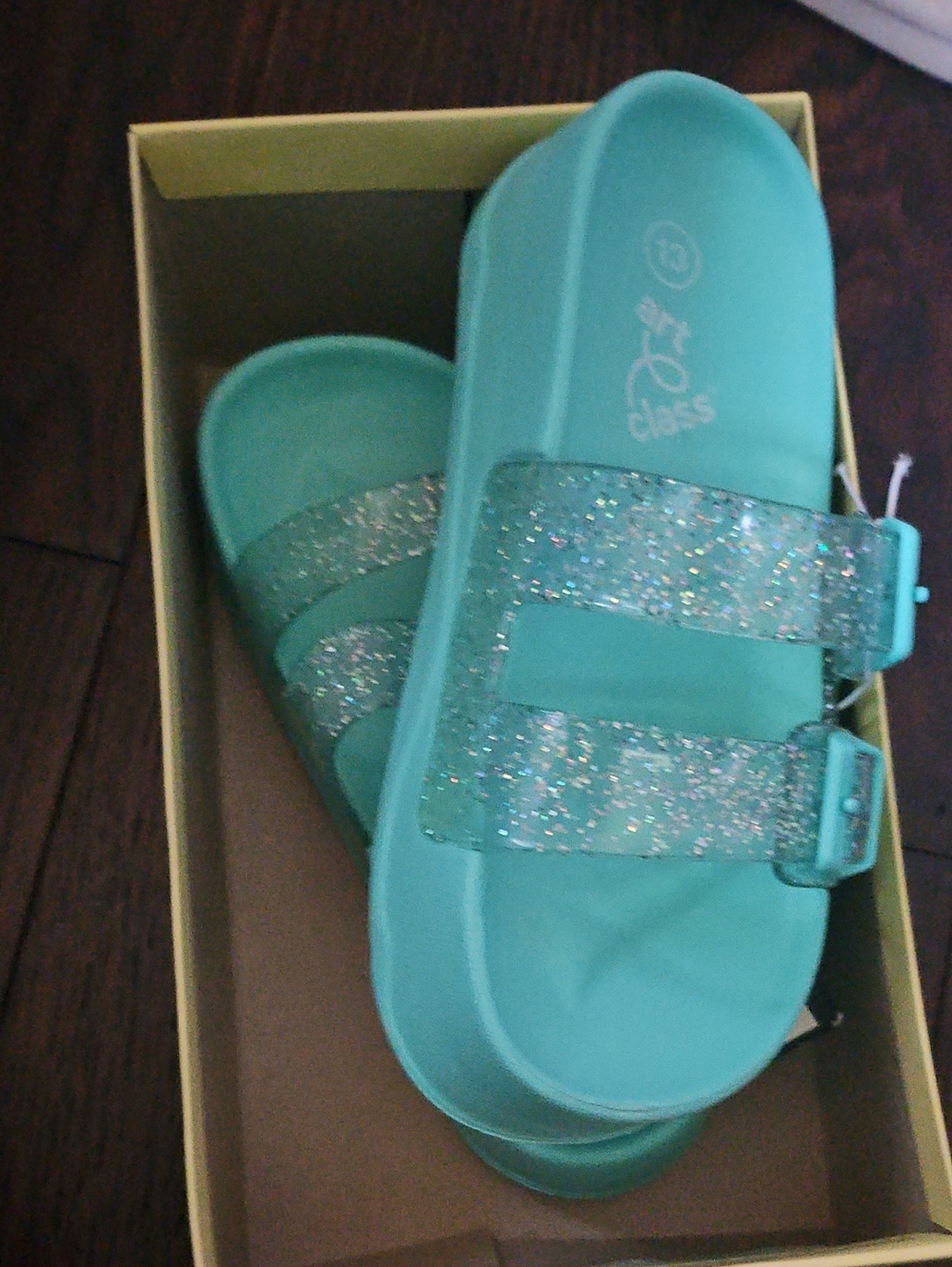 art class Turquoise Glitter Double-Buckle Slide Sandals for Kids